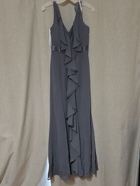 David's Bridal Slate Gray Ruffle-Front Maxi Dress